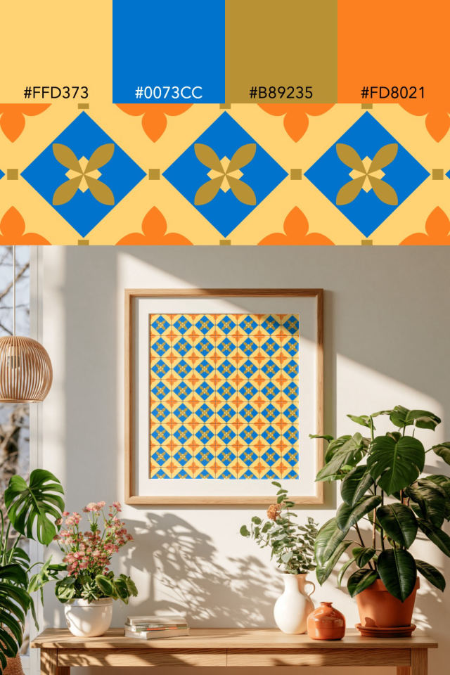 the colors one royal-sunset tile is drawn in, with their hex codes, and the tile printed on a frame