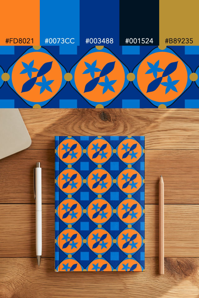 the colors one royal-sunset tile is drawn in, with their hex codes, and the tile printed on a notebook