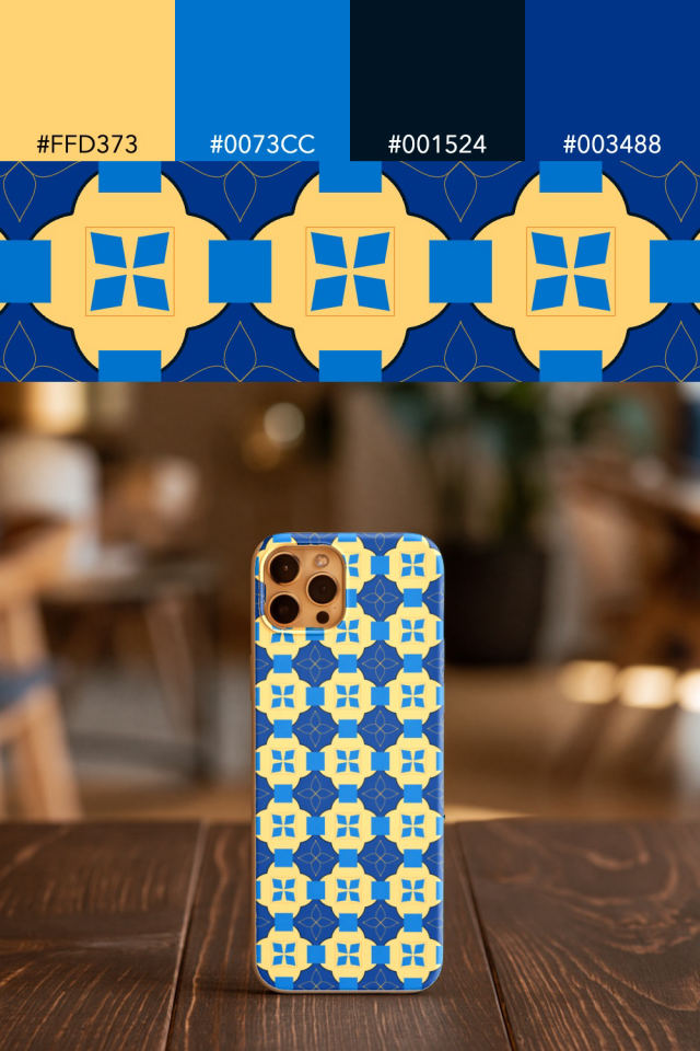 the colors one royal-sunset tile is drawn in, with their hex codes, and the tile printed on a phone case