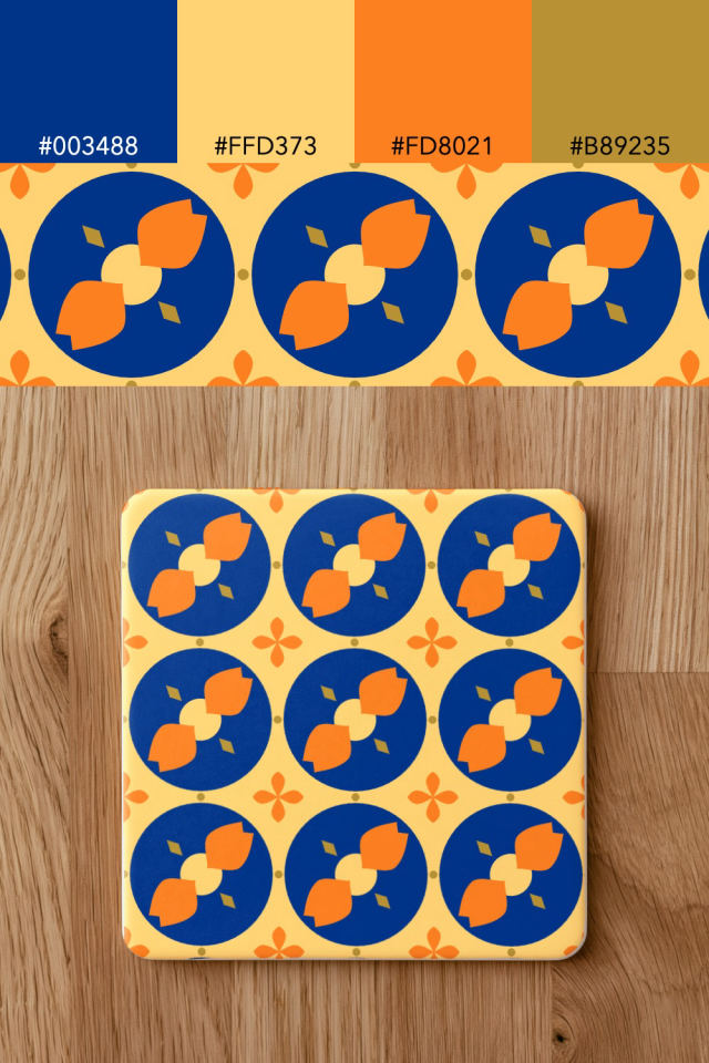 the colors one royal-sunset tile is drawn in, with their hex codes, and the tile printed on a coaster