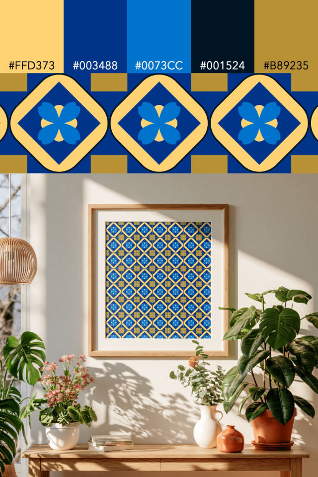 the colors one royal-sunset tile is drawn in, with their hex codes, and the tile printed on a frame
