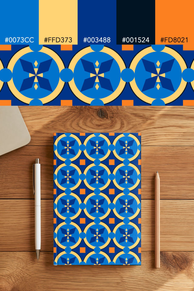 the colors one royal-sunset tile is drawn in, with their hex codes, and the tile printed on a notebook