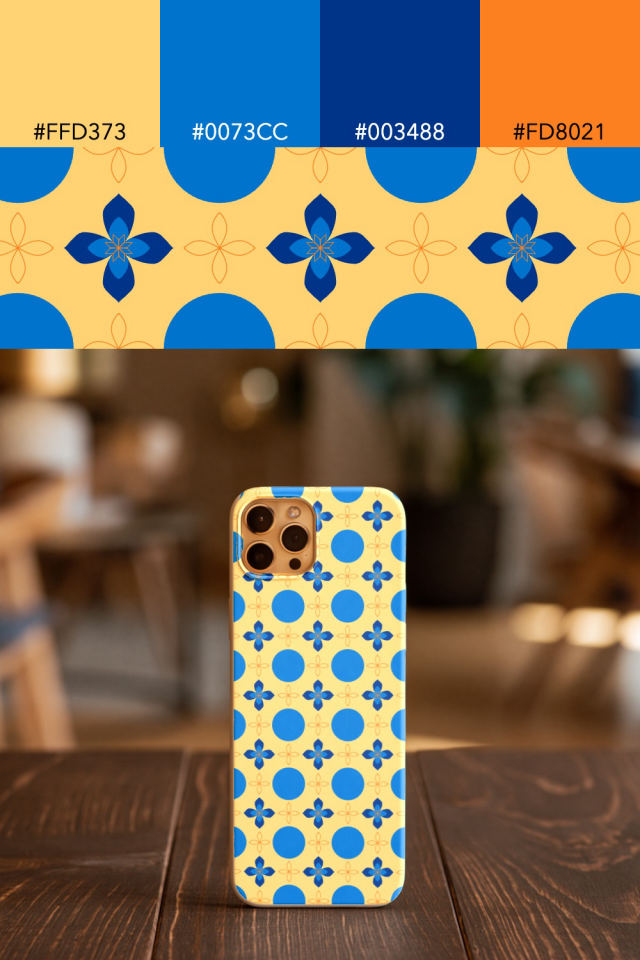 the colors one royal-sunset tile is drawn in, with their hex codes, and the tile printed on a phone case