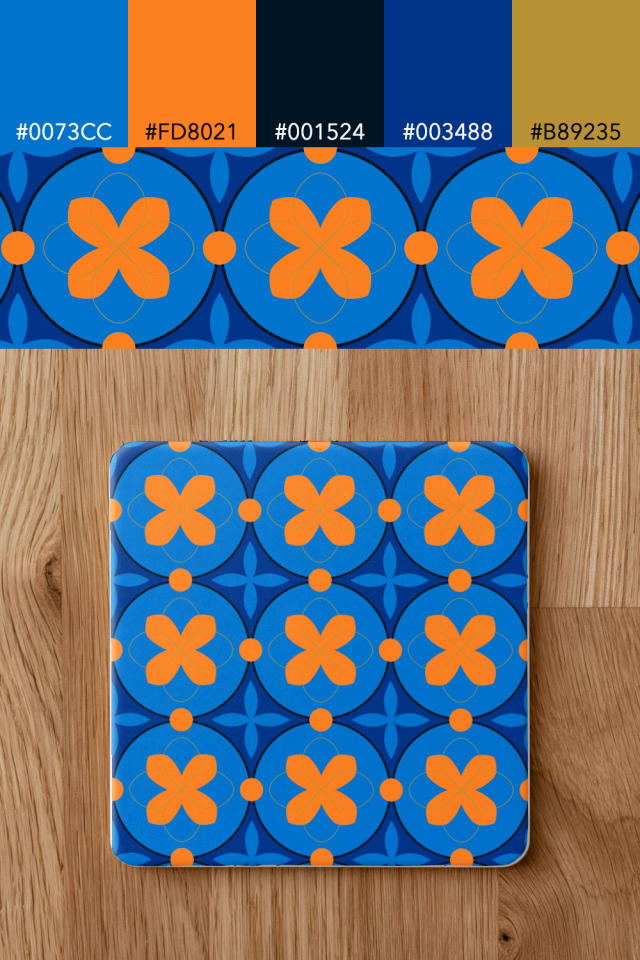 the colors one royal-sunset tile is drawn in, with their hex codes, and the tile printed on a coaster