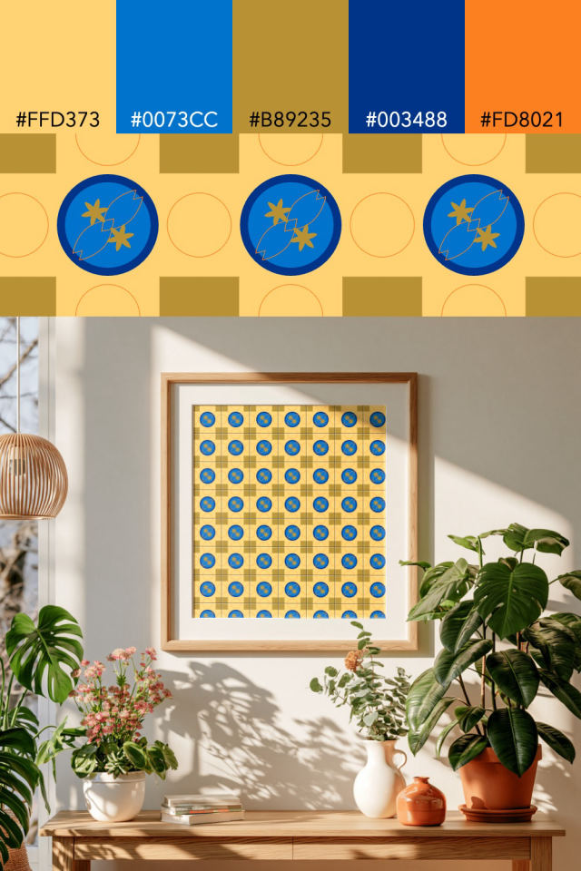 the colors one royal-sunset tile is drawn in, with their hex codes, and the tile printed on a frame