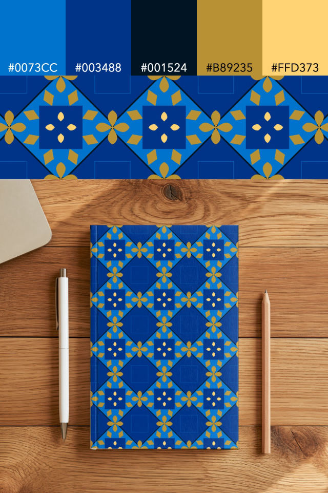 the colors one royal-sunset tile is drawn in, with their hex codes, and the tile printed on a notebook