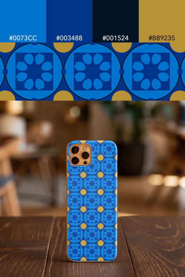the colors one royal-sunset tile is drawn in, with their hex codes, and the tile printed on a phone case