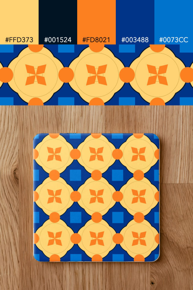the colors one royal-sunset tile is drawn in, with their hex codes, and the tile printed on a coaster