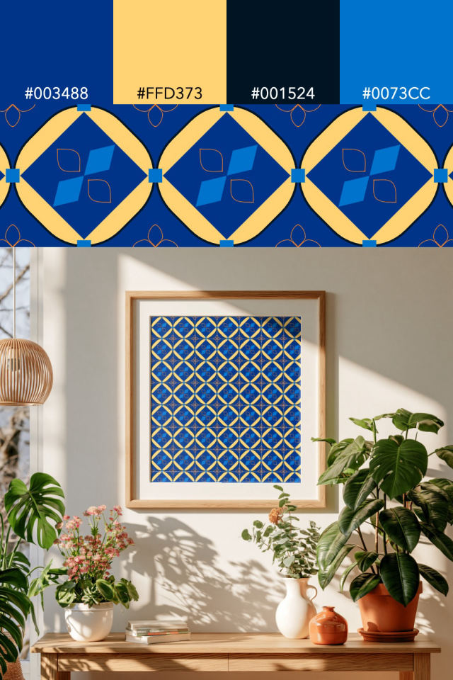 the colors one royal-sunset tile is drawn in, with their hex codes, and the tile printed on a frame