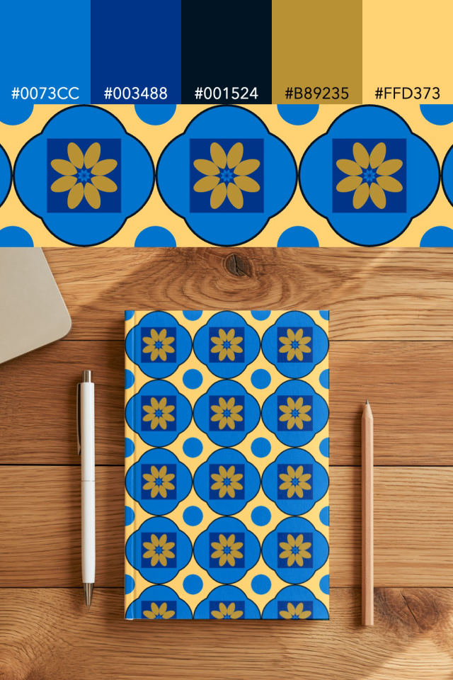 the colors one royal-sunset tile is drawn in, with their hex codes, and the tile printed on a notebook
