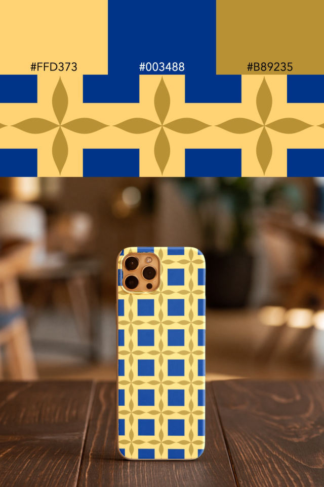the colors one royal-sunset tile is drawn in, with their hex codes, and the tile printed on a phone case