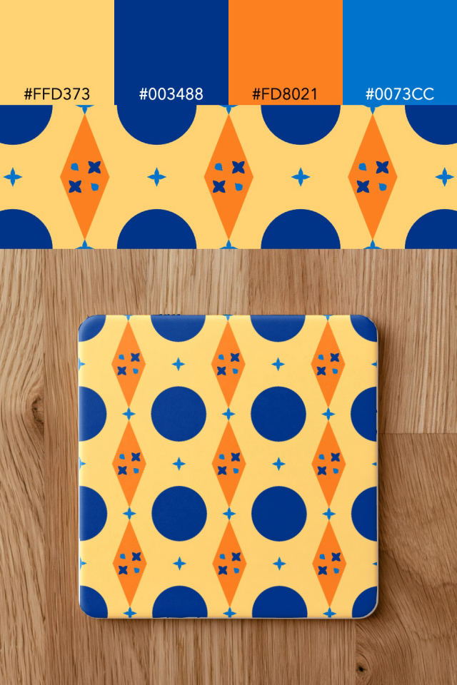 the colors one royal-sunset tile is drawn in, with their hex codes, and the tile printed on a coaster