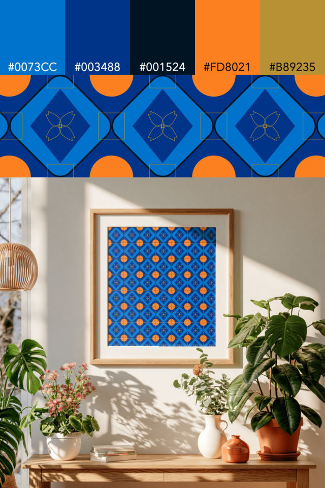 the colors one royal-sunset tile is drawn in, with their hex codes, and the tile printed on a frame