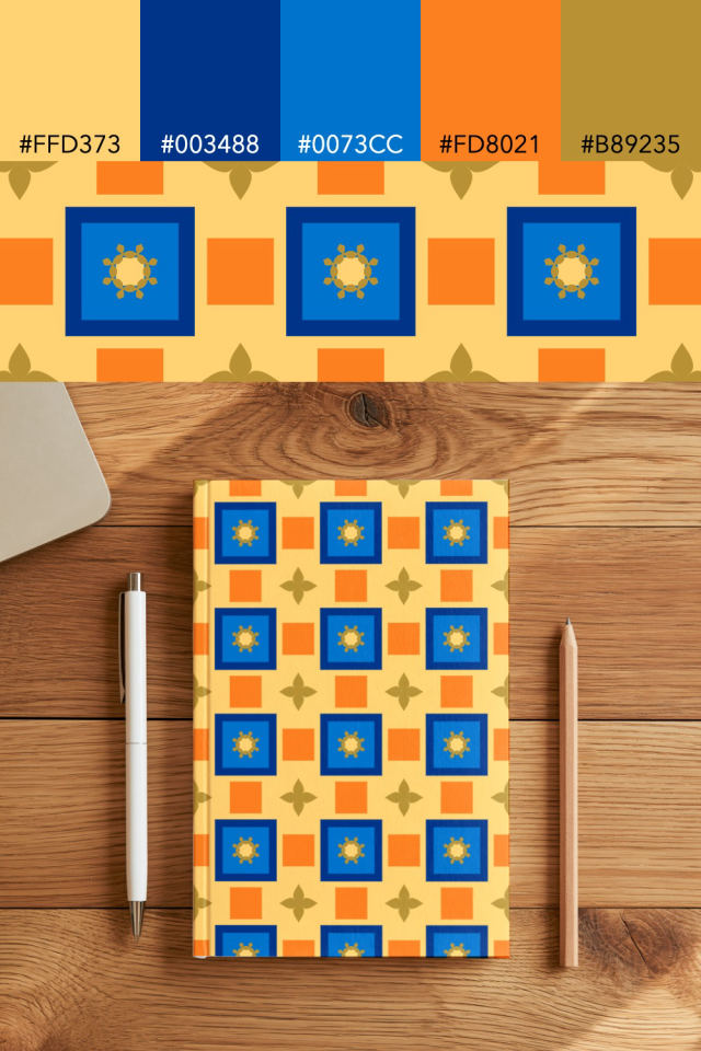 the colors one royal-sunset tile is drawn in, with their hex codes, and the tile printed on a notebook