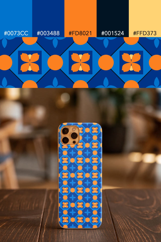 the colors one royal-sunset tile is drawn in, with their hex codes, and the tile printed on a phone case