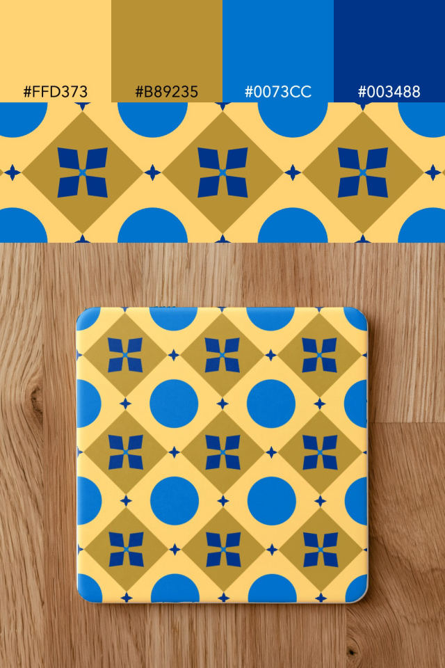 the colors one royal-sunset tile is drawn in, with their hex codes, and the tile printed on a coaster