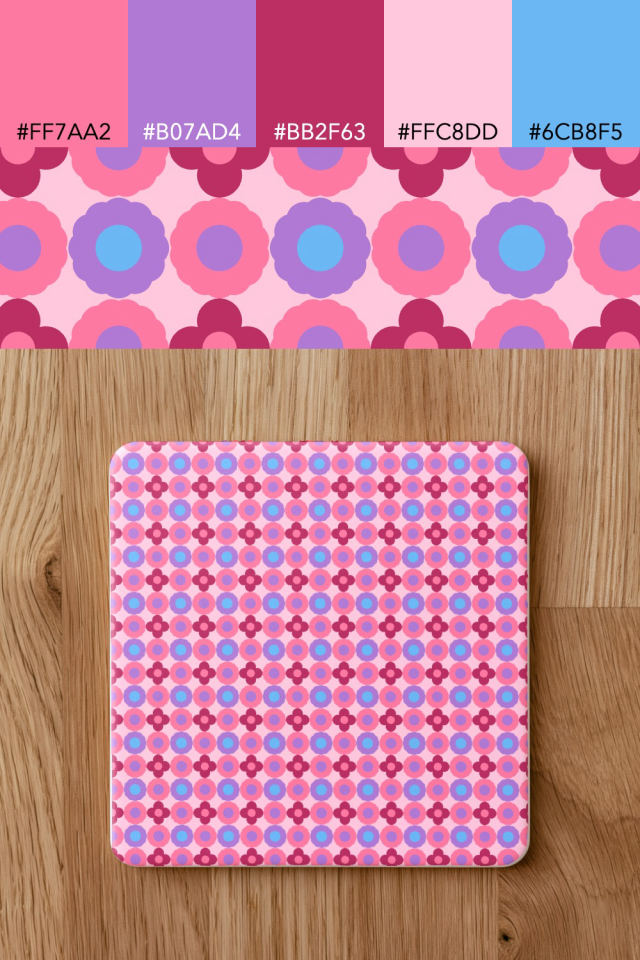 the colors one cotton-candy tile is drawn in, with their hex codes, and the tile printed on a coaster