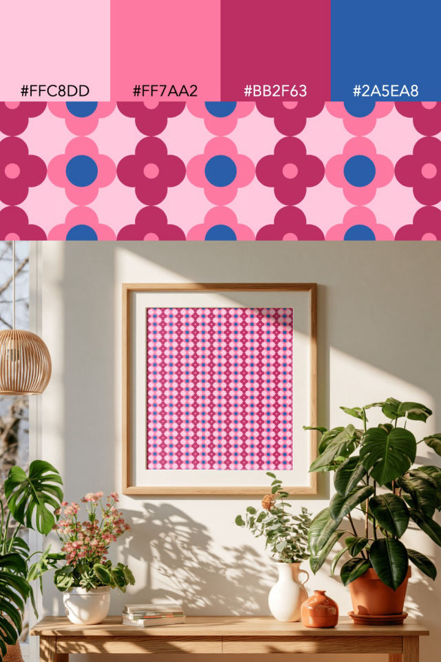 the colors one cotton-candy tile is drawn in, with their hex codes, and the tile printed on a frame