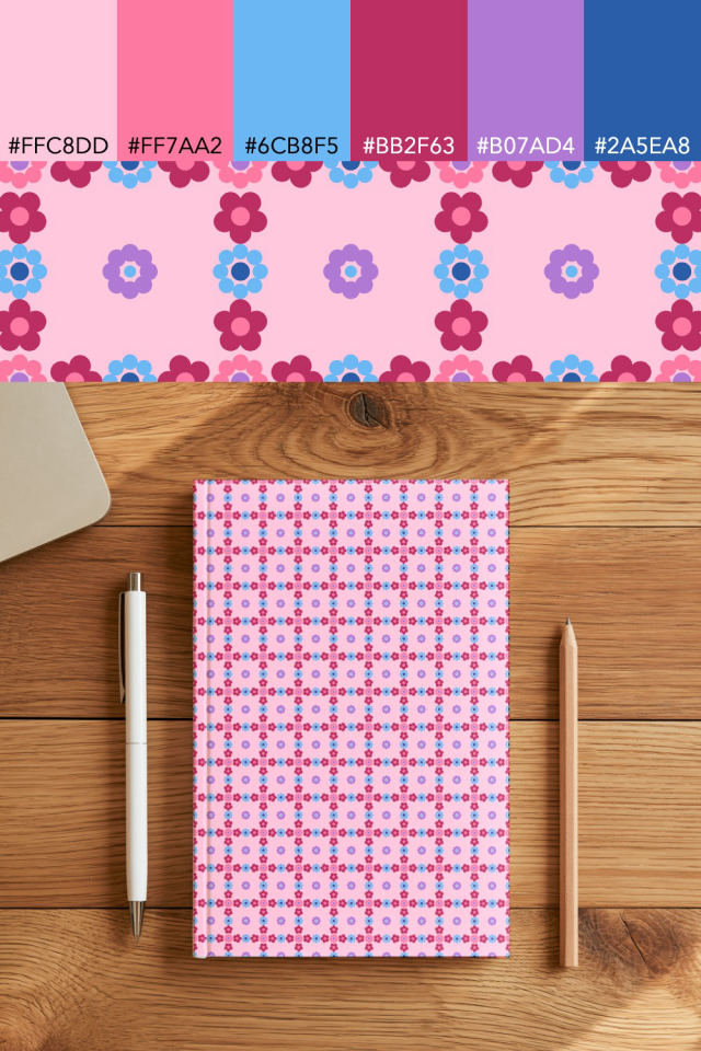 the colors one cotton-candy tile is drawn in, with their hex codes, and the tile printed on a notebook