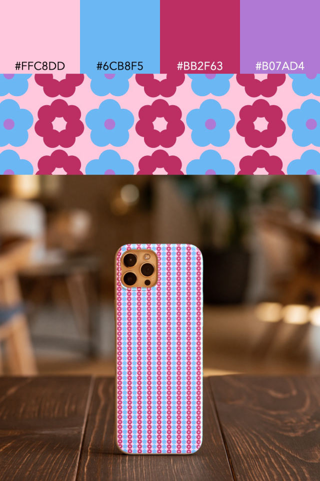 the colors one cotton-candy tile is drawn in, with their hex codes, and the tile printed on a phone case