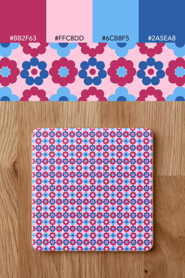 the colors one cotton-candy tile is drawn in, with their hex codes, and the tile printed on a coaster