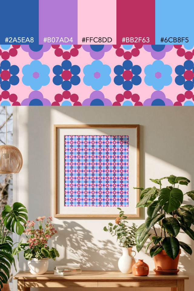 the colors one cotton-candy tile is drawn in, with their hex codes, and the tile printed on a frame