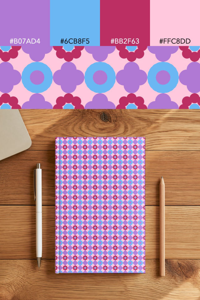 the colors one cotton-candy tile is drawn in, with their hex codes, and the tile printed on a notebook