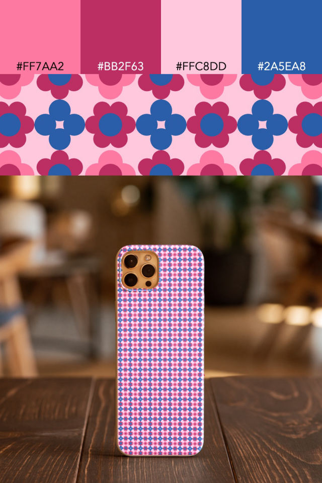 the colors one cotton-candy tile is drawn in, with their hex codes, and the tile printed on a phone case