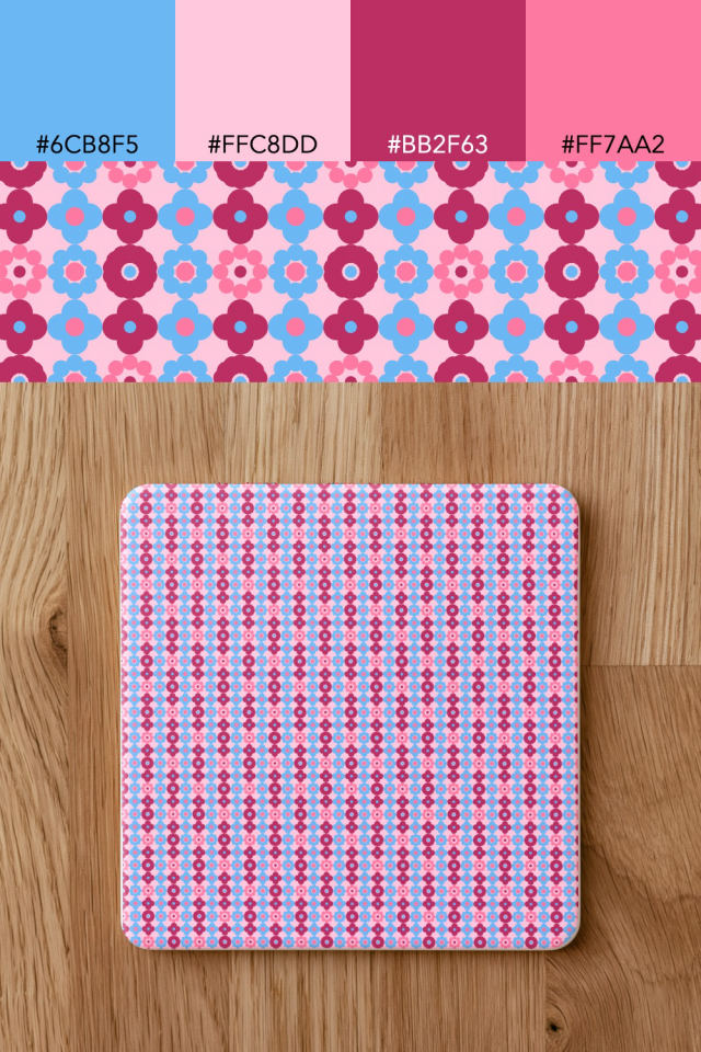 the colors one cotton-candy tile is drawn in, with their hex codes, and the tile printed on a coaster