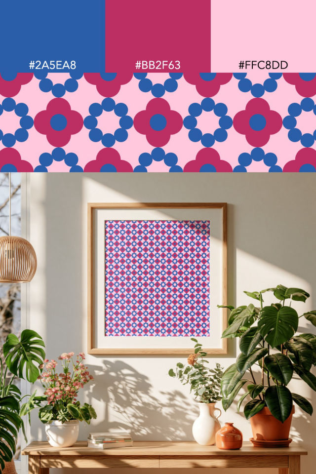 the colors one cotton-candy tile is drawn in, with their hex codes, and the tile printed on a frame