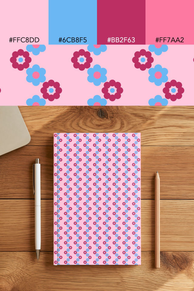 the colors one cotton-candy tile is drawn in, with their hex codes, and the tile printed on a notebook