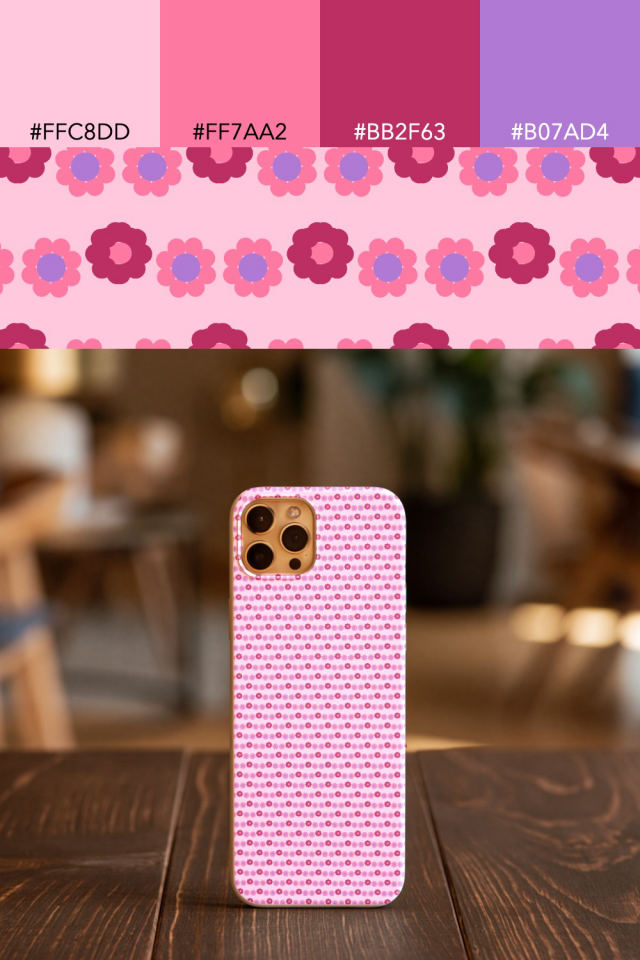 the colors one cotton-candy tile is drawn in, with their hex codes, and the tile printed on a phone case