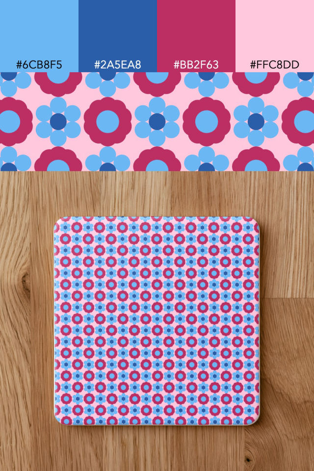the colors one cotton-candy tile is drawn in, with their hex codes, and the tile printed on a coaster