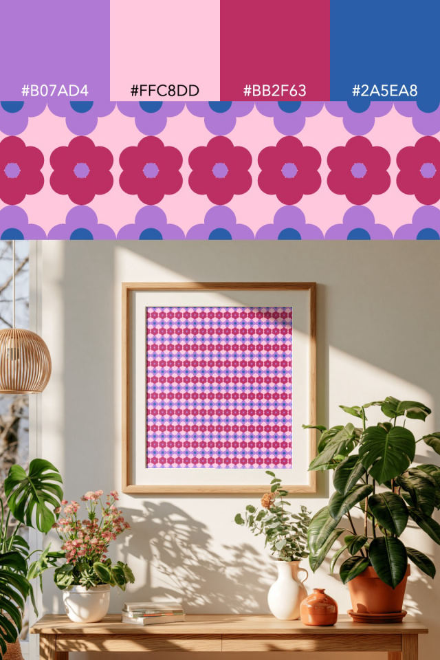 the colors one cotton-candy tile is drawn in, with their hex codes, and the tile printed on a frame