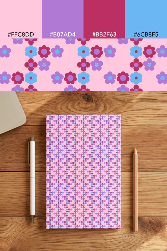 the colors one cotton-candy tile is drawn in, with their hex codes, and the tile printed on a notebook