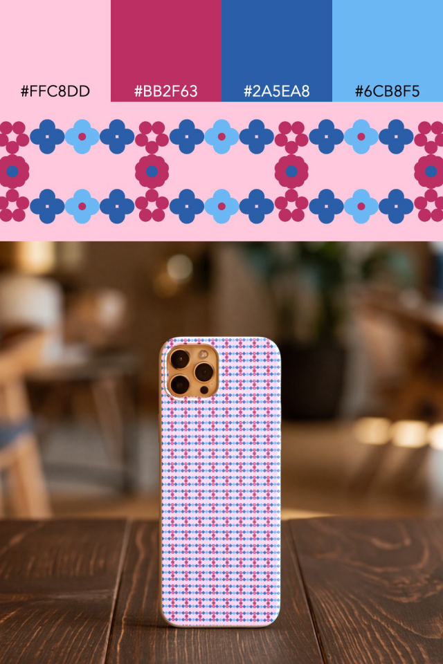 the colors one cotton-candy tile is drawn in, with their hex codes, and the tile printed on a phone case