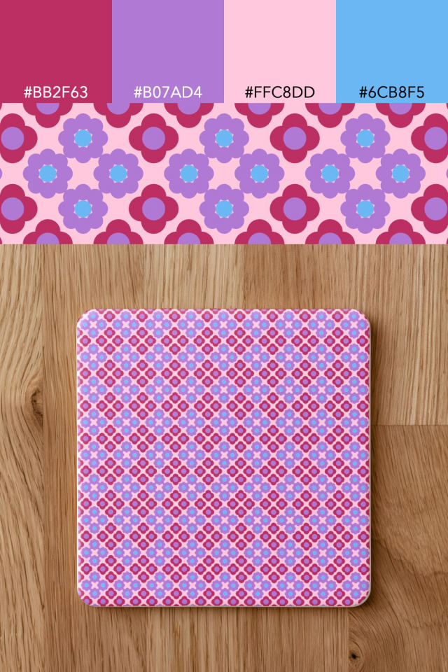 the colors one cotton-candy tile is drawn in, with their hex codes, and the tile printed on a coaster