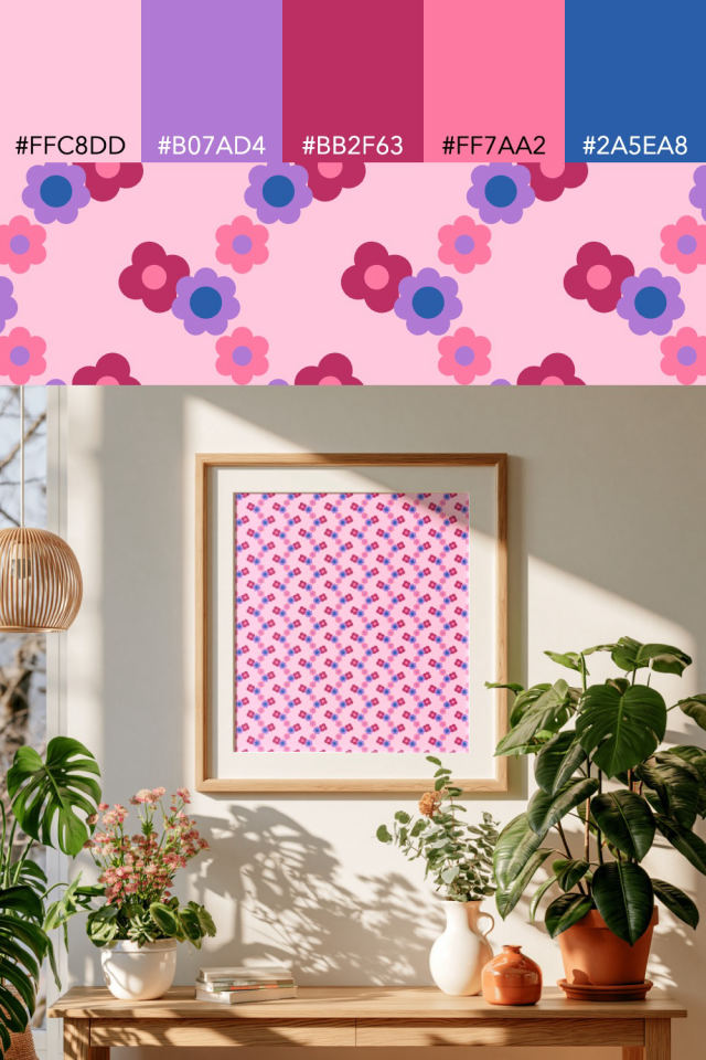 the colors one cotton-candy tile is drawn in, with their hex codes, and the tile printed on a frame