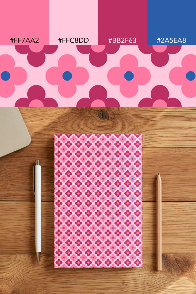 the colors one cotton-candy tile is drawn in, with their hex codes, and the tile printed on a notebook