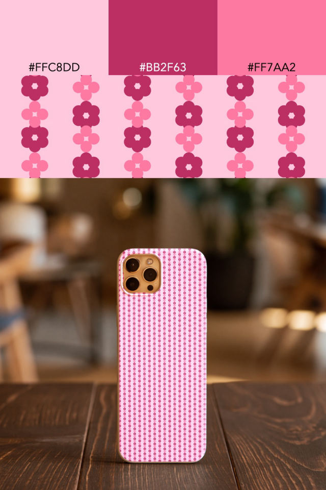 the colors one cotton-candy tile is drawn in, with their hex codes, and the tile printed on a phone case
