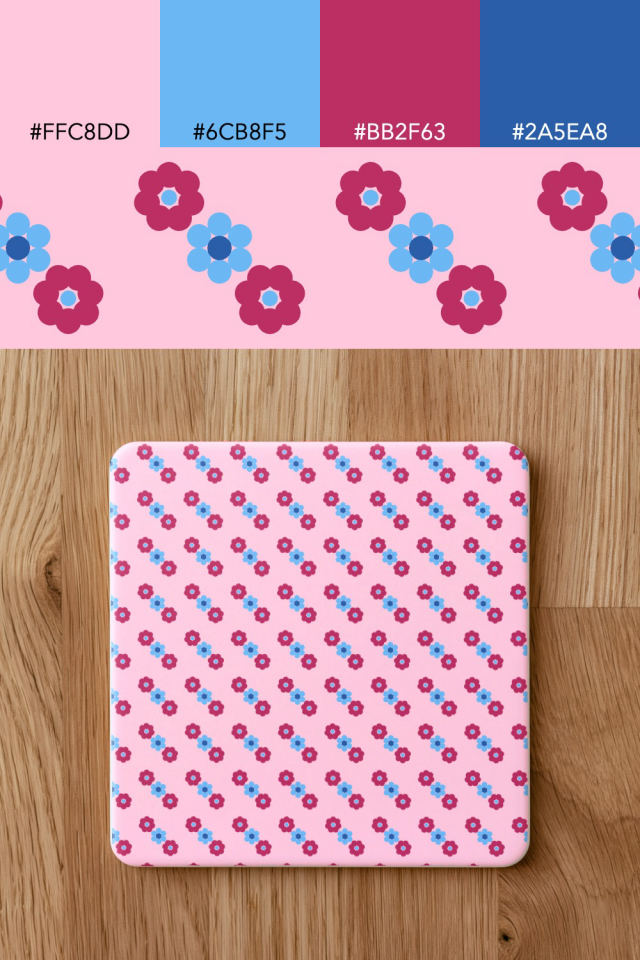 the colors one cotton-candy tile is drawn in, with their hex codes, and the tile printed on a coaster