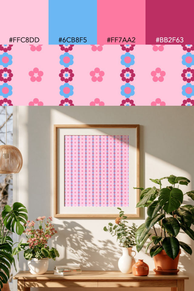 the colors one cotton-candy tile is drawn in, with their hex codes, and the tile printed on a frame