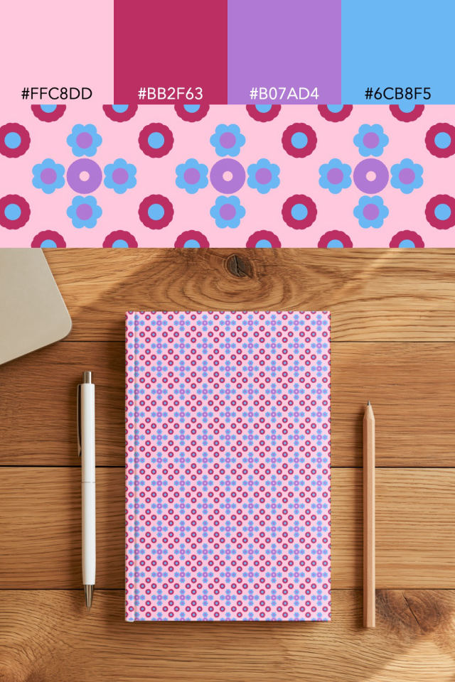the colors one cotton-candy tile is drawn in, with their hex codes, and the tile printed on a notebook