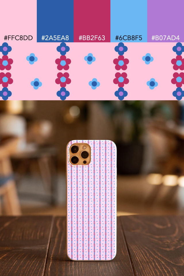 the colors one cotton-candy tile is drawn in, with their hex codes, and the tile printed on a phone case