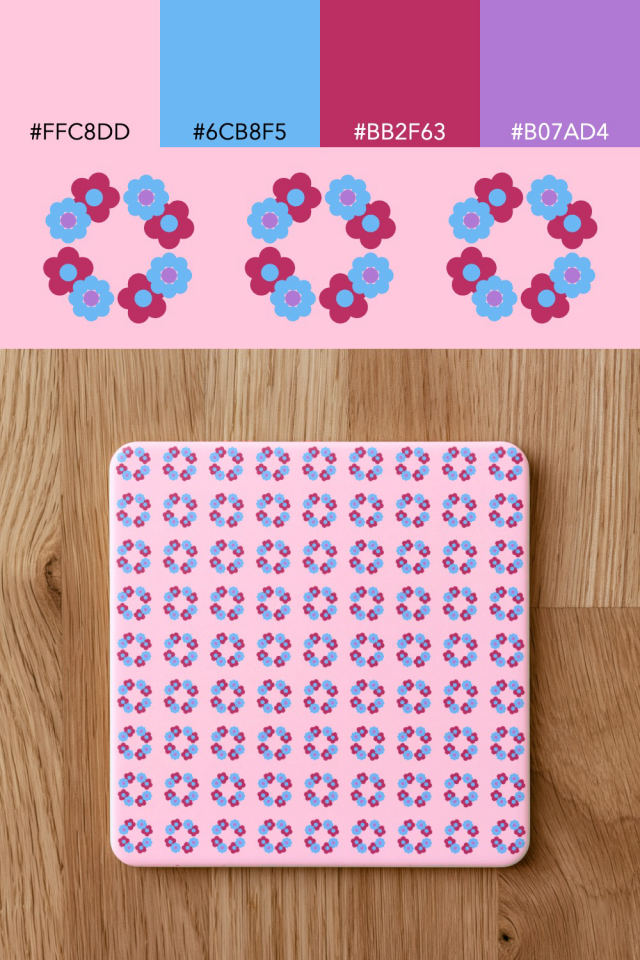 the colors one cotton-candy tile is drawn in, with their hex codes, and the tile printed on a coaster