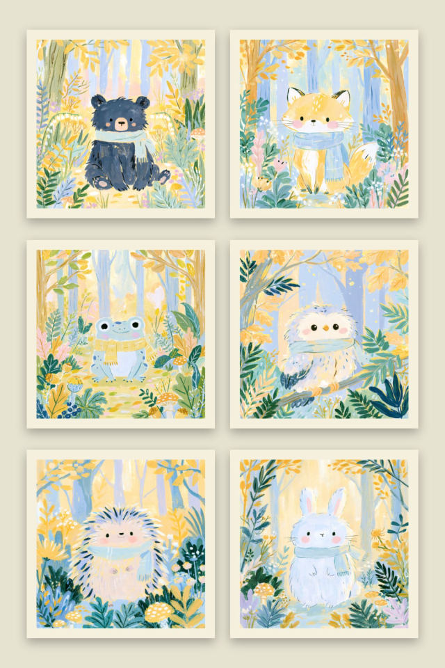 6 prints together on a cream border: a baby bear in scarf, a little fox in scarf, a smiling frog in scarf, a fluffy baby owl, a little hedgehog in scarf and a white bunny in scarf