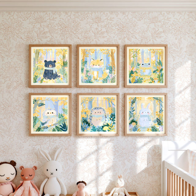 the baby bear in scarf, little fox in scarf, smiling frog in scarf, fluffy baby owl, little hedgehog in scarf and white bunny in scarf prints, each in its own frame, hanging together on a wall