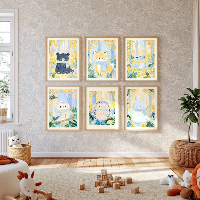 the baby bear in scarf, little fox in scarf, smiling frog in scarf, fluffy baby owl, little hedgehog in scarf and white bunny in scarf prints, each in its own frame, hanging together on a wall