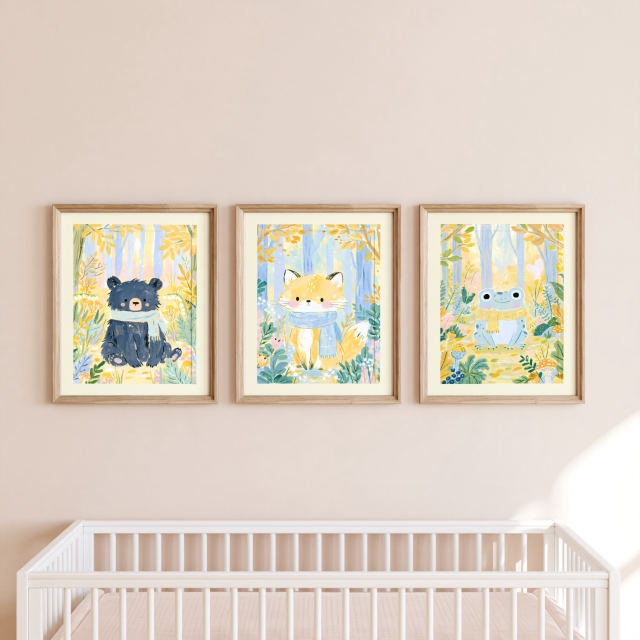 the baby bear in scarf, little fox in scarf and smiling frog in scarf prints, each in its own frame, hanging together on a wall