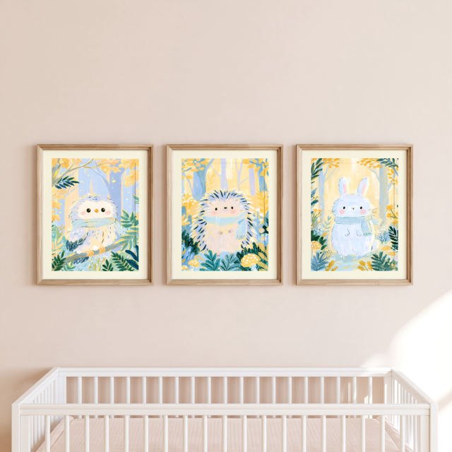 the fluffy baby owl, little hedgehog in scarf and white bunny in scarf prints, each in its own frame, hanging together on a wall